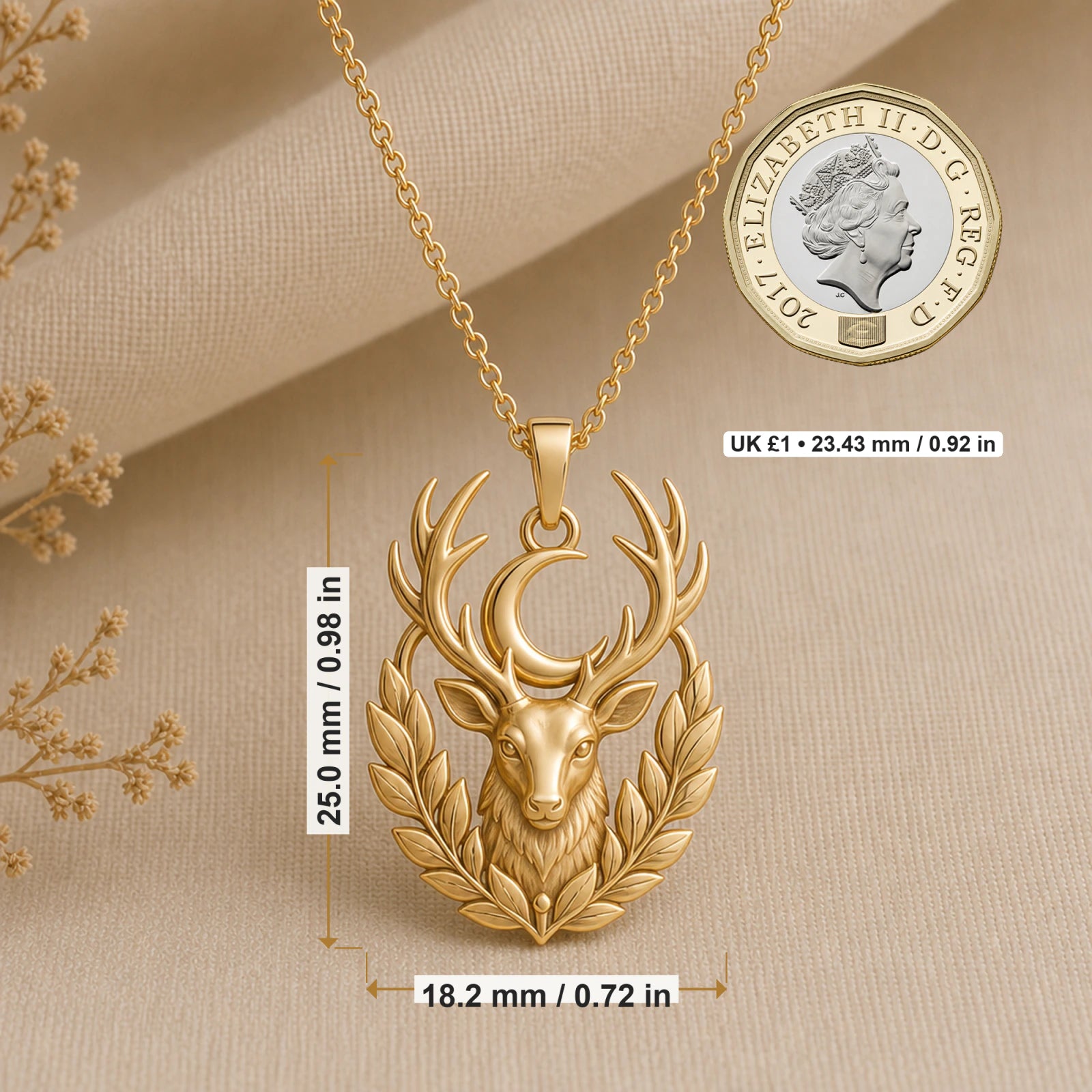 Moon Stag pendant necklace size image showing 25 mm height and 18.2 mm width