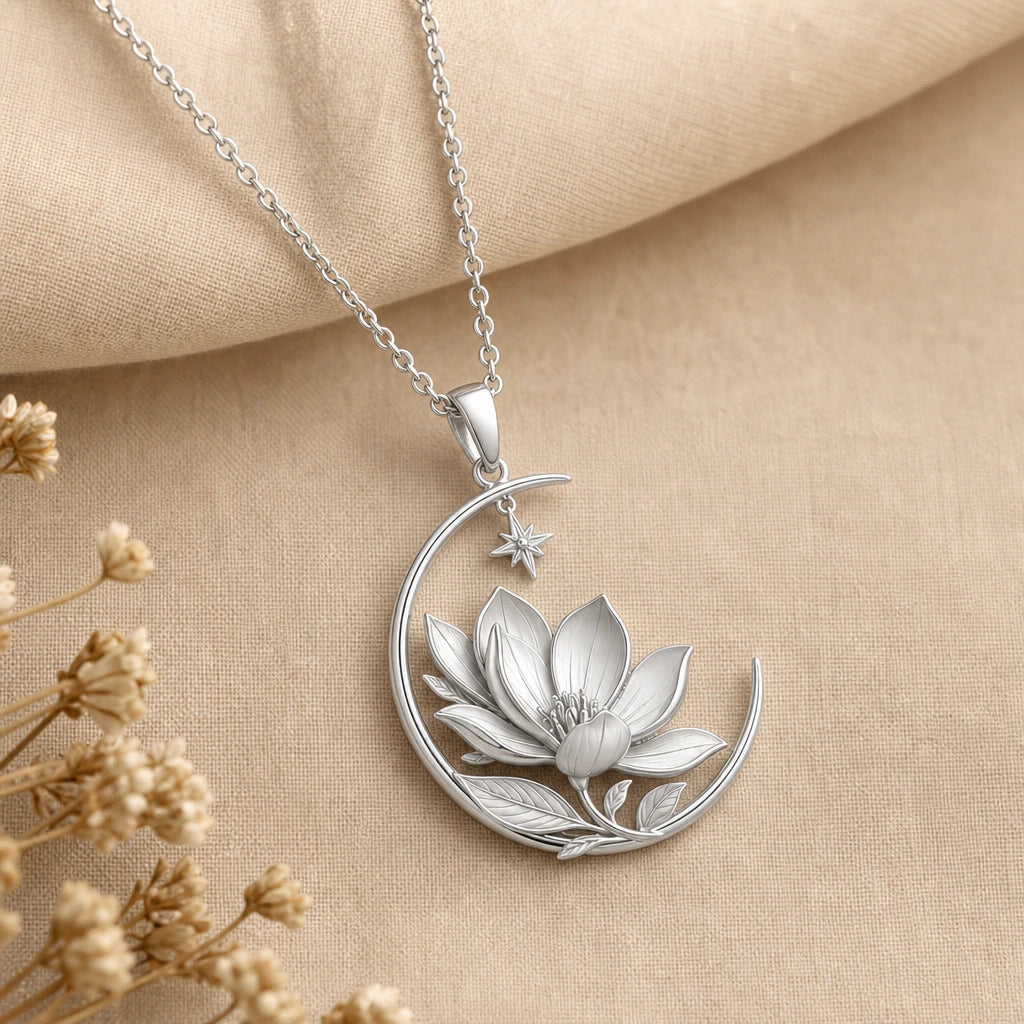 Royal Magnolia Crescent Moon Pendant Necklace in sterling silver