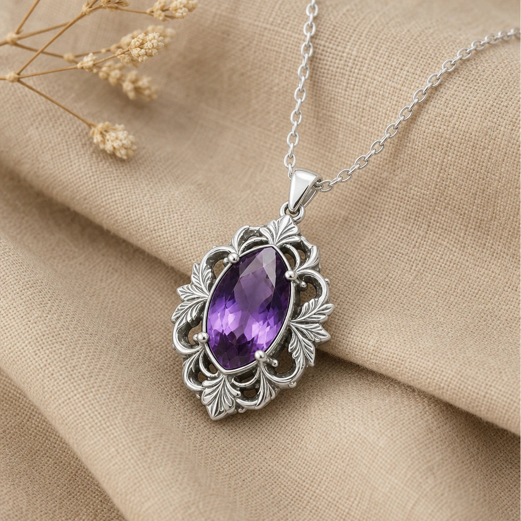 Baroque Acanthus Frame Birthstone Pendant Necklace in sterling silver, second view