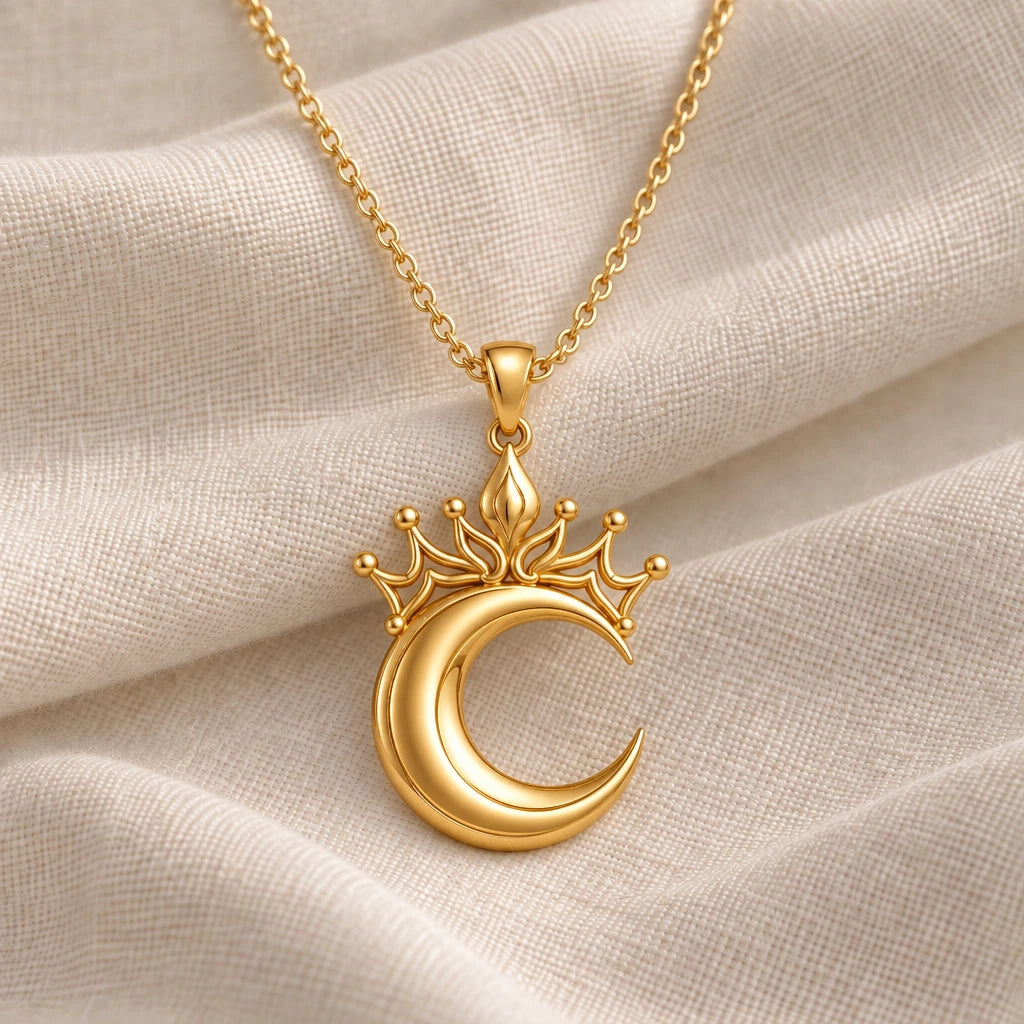 Lunar Queen Crowned Moon pendant necklace in an 18k gold plated finish
