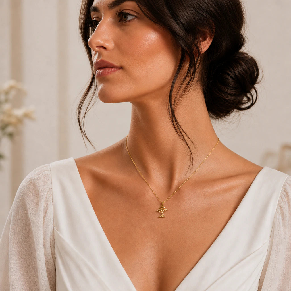 Bonsai tree pendant necklace worn by a model