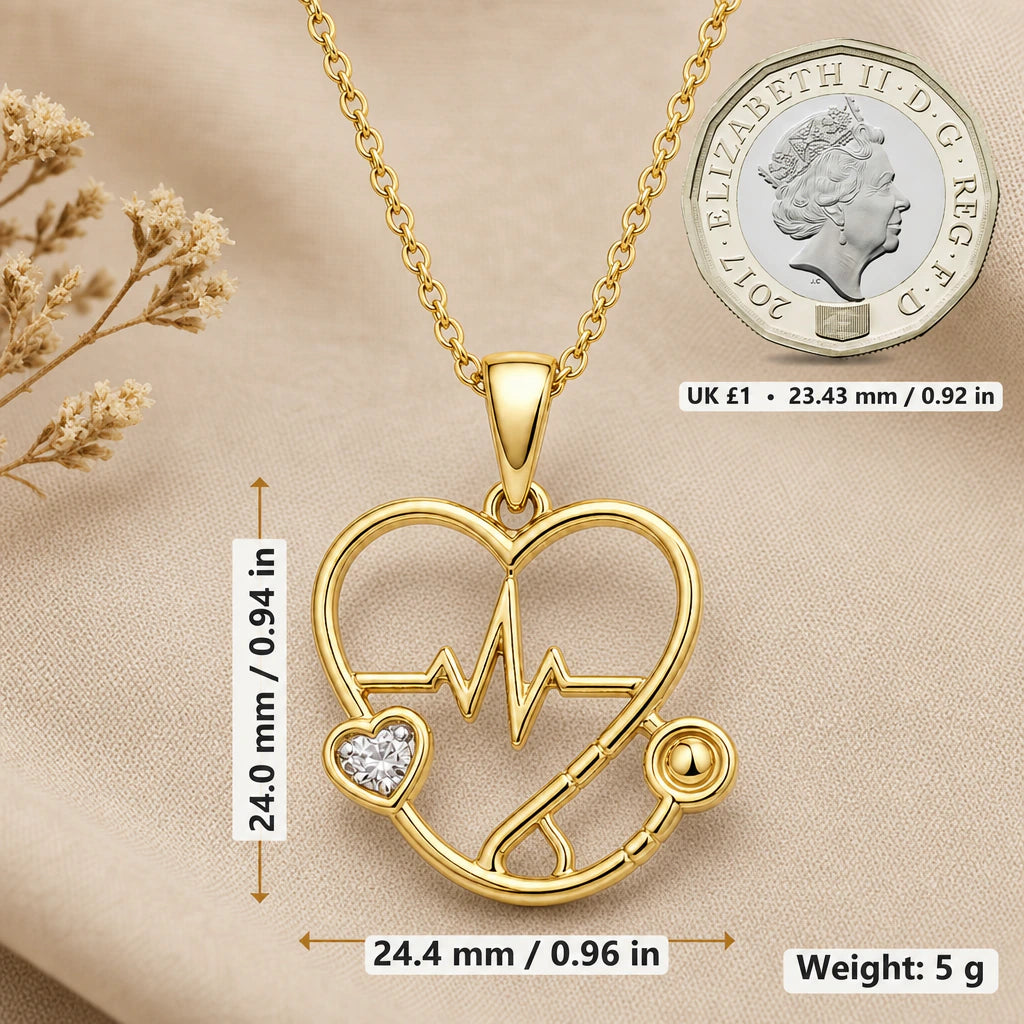 Nurse Stethoscope Heart Birthstone Pendant Necklace size guide, 24 by 24.4 mm
