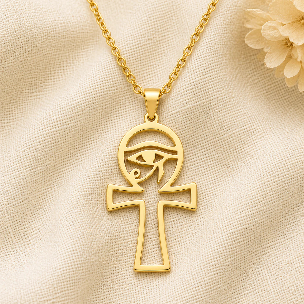 Egyptian Ankh Eye of Horus pendant necklace in a warm gold finish on cream fabric