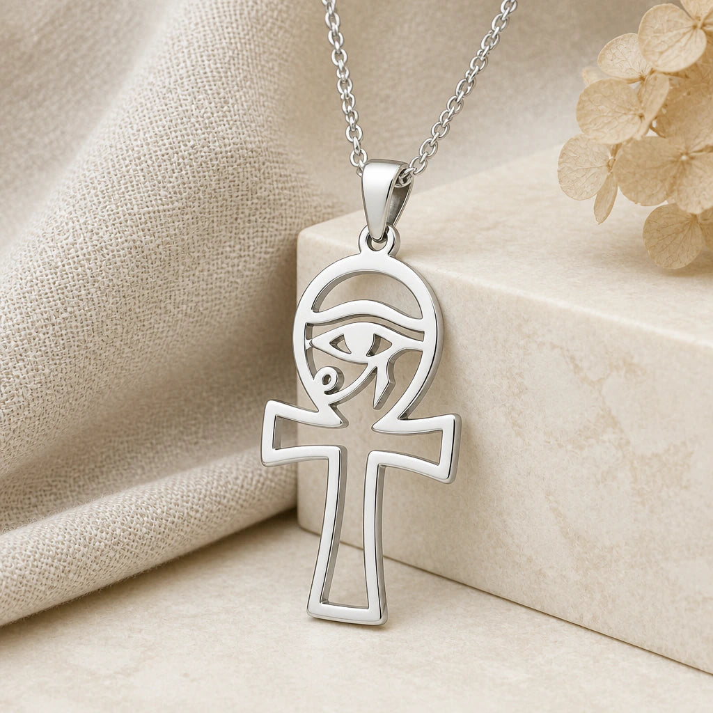 925 sterling silver egyptian ankh eye of horus pendant necklace on softly folded cream linen