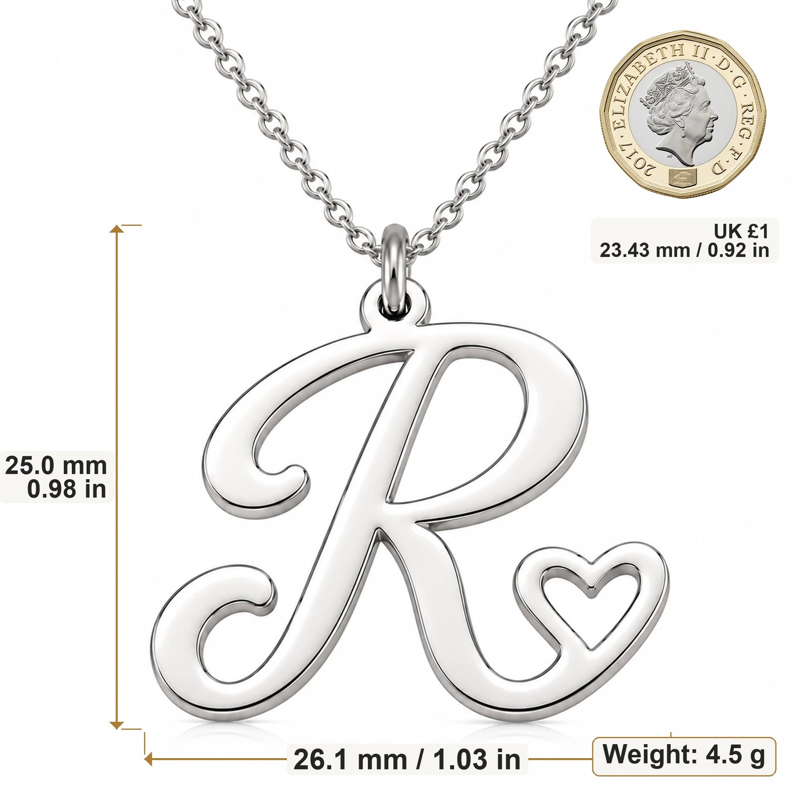 R Initial Heart pendant necklace size image showing 25 mm height and 26.1 mm width and 4.5 g weight