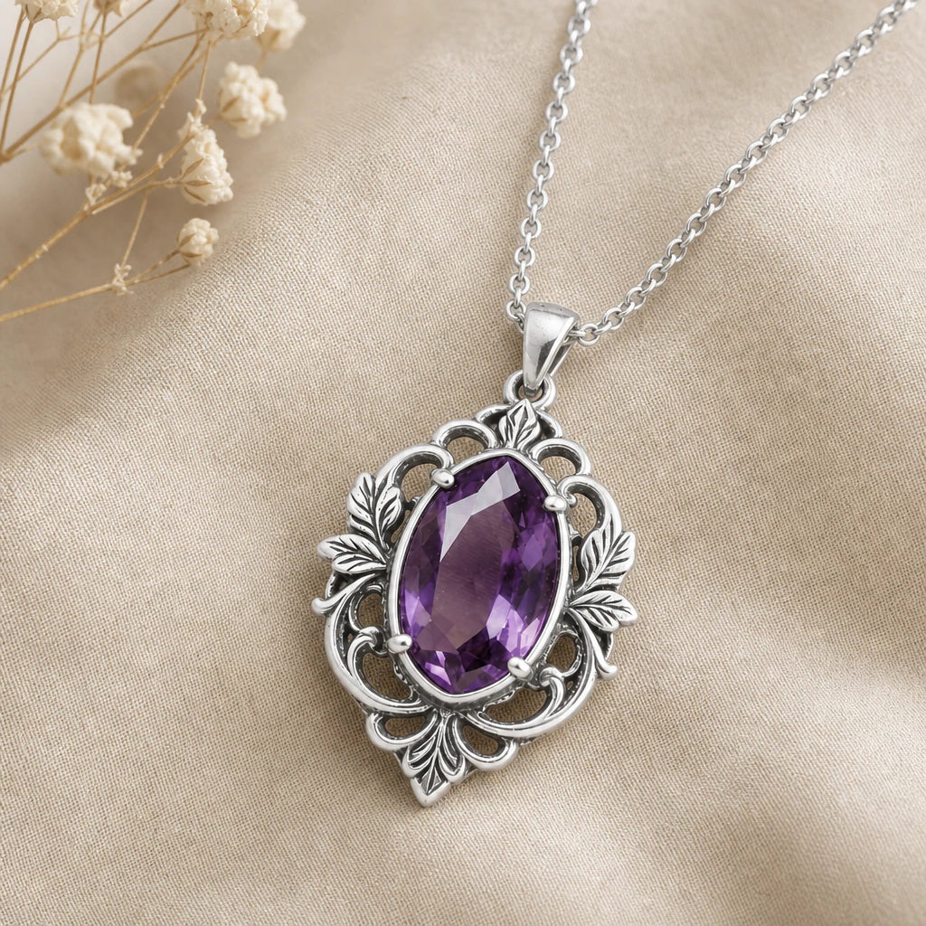 Leafy Oval Birthstone Pendant Necklace in sterling silver, second view