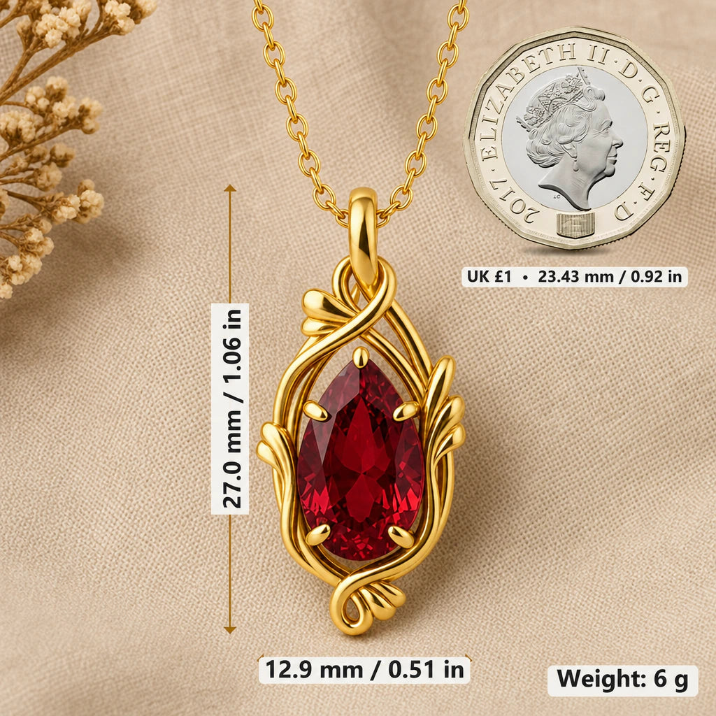 Tendril Teardrop Birthstone Pendant Necklace size guide, 27 by 12.9 mm