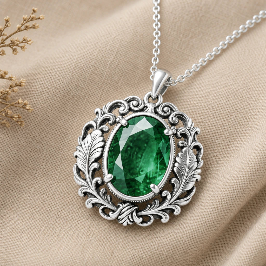 Scroll Wreath Vintage Style Birthstone Pendant Necklace in sterling silver, second view
