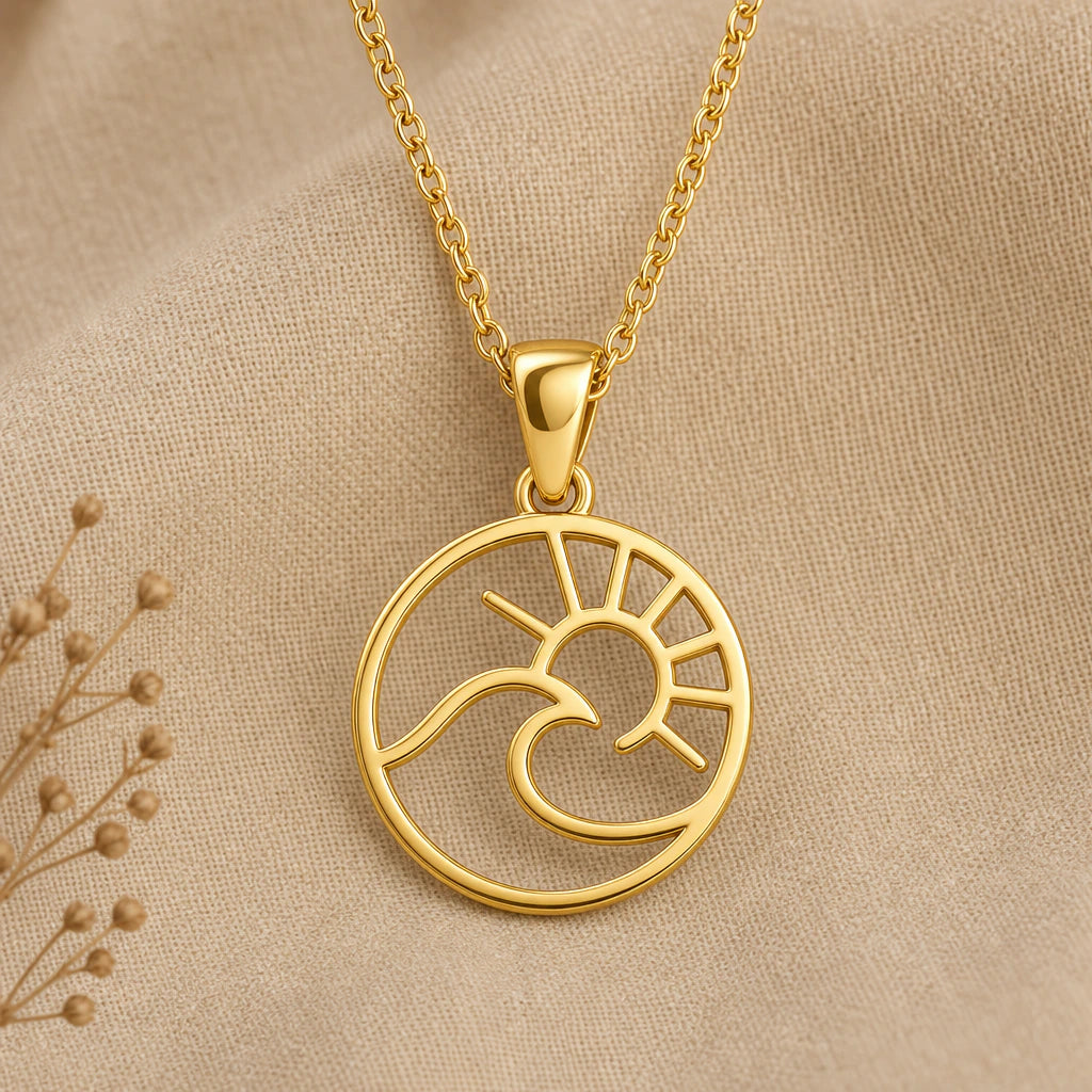 Wave and Sun Pendant Necklace in 18k gold plated sterling silver