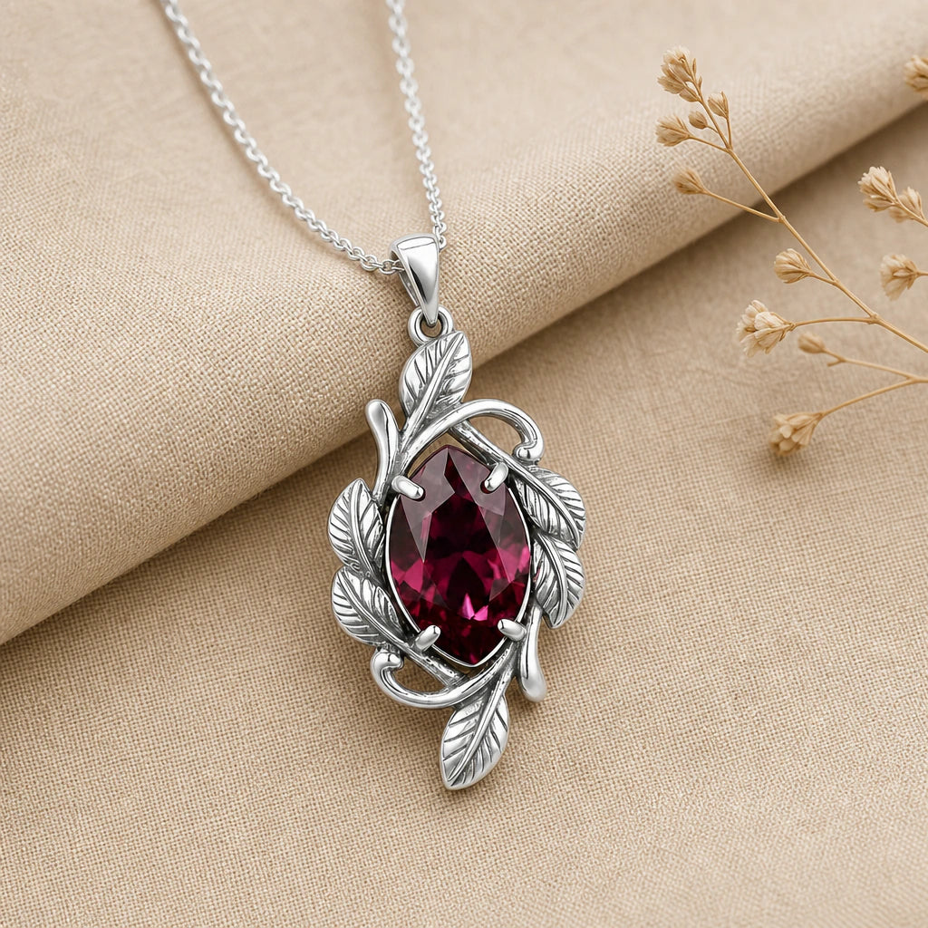 Crimson Leaf Vine Birthstone Pendant Necklace in sterling silver