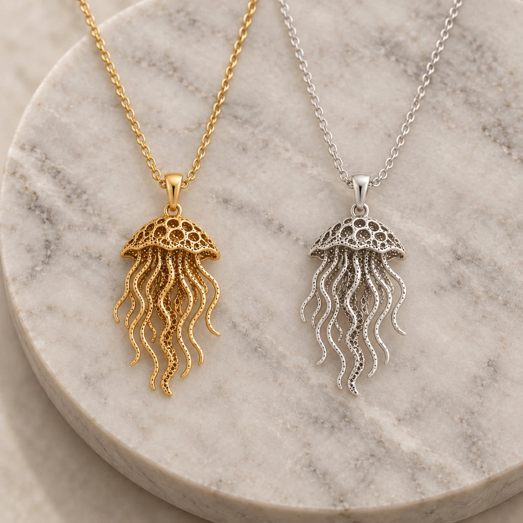 Fossil Jellyfish Halo pendant necklace in silver and gold finishes side by side