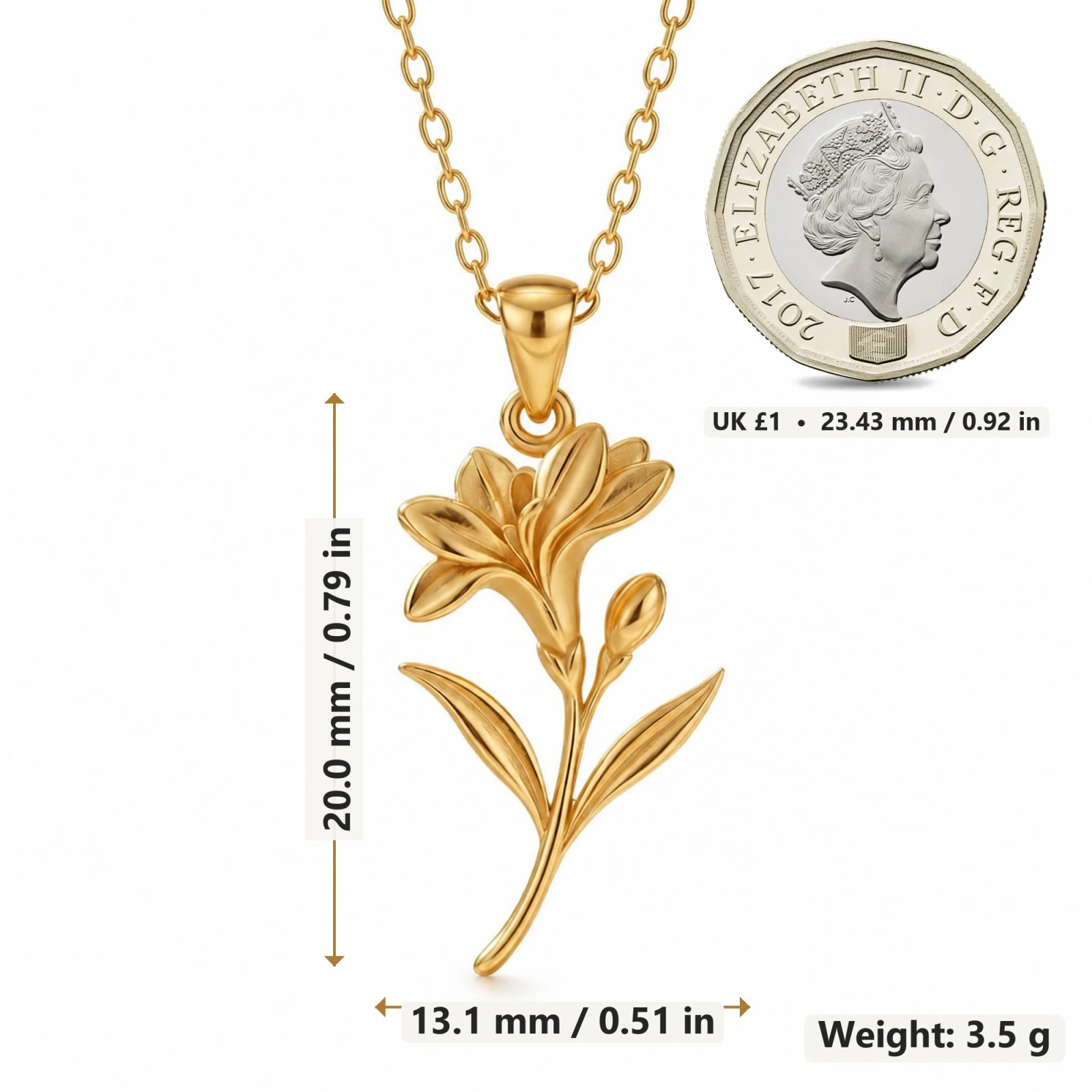 Freesia Flower pendant necklace size image showing 20 mm height and 13.1 mm width and 3.5 g weight