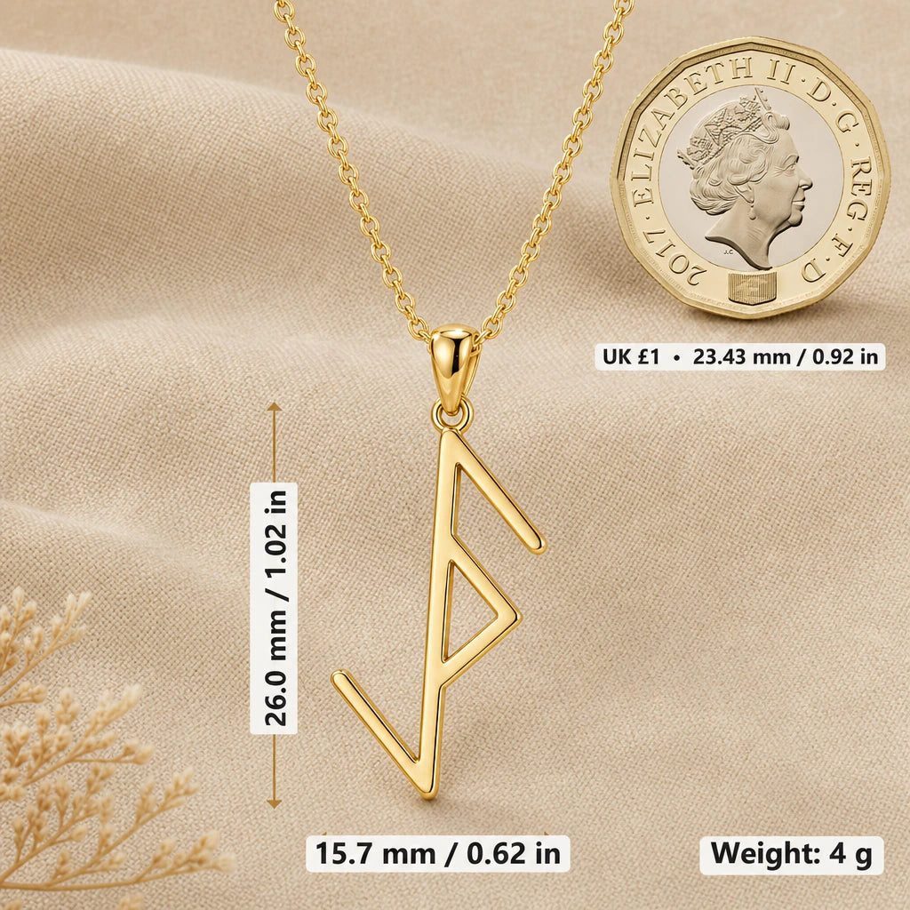 Viking Protection Rune Pendant Necklace size guide, 26 by 15.7 mm