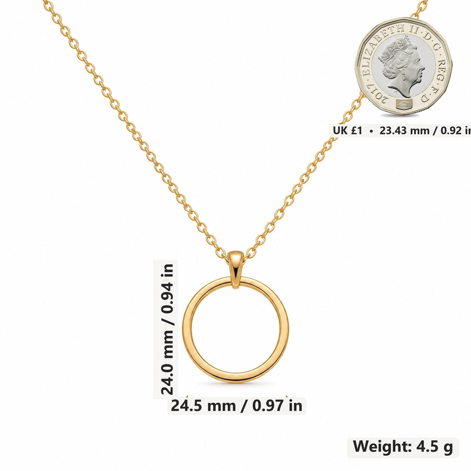 Open Circle Eternity pendant necklace size image showing 24.0 mm height, 24.5 mm width and 4.5 g weight