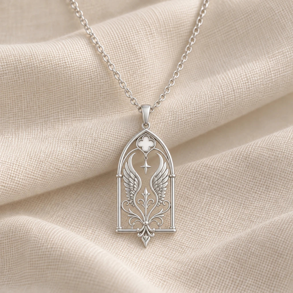 925 sterling silver queen seraph window pendant necklace on cream fabric