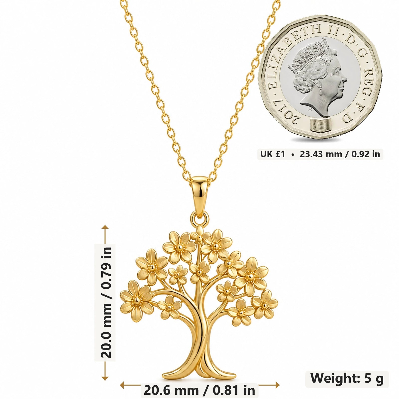 Orchid Tree Blossom pendant necklace size image showing 20.0 mm height, 20.6 mm width and 5 g weight