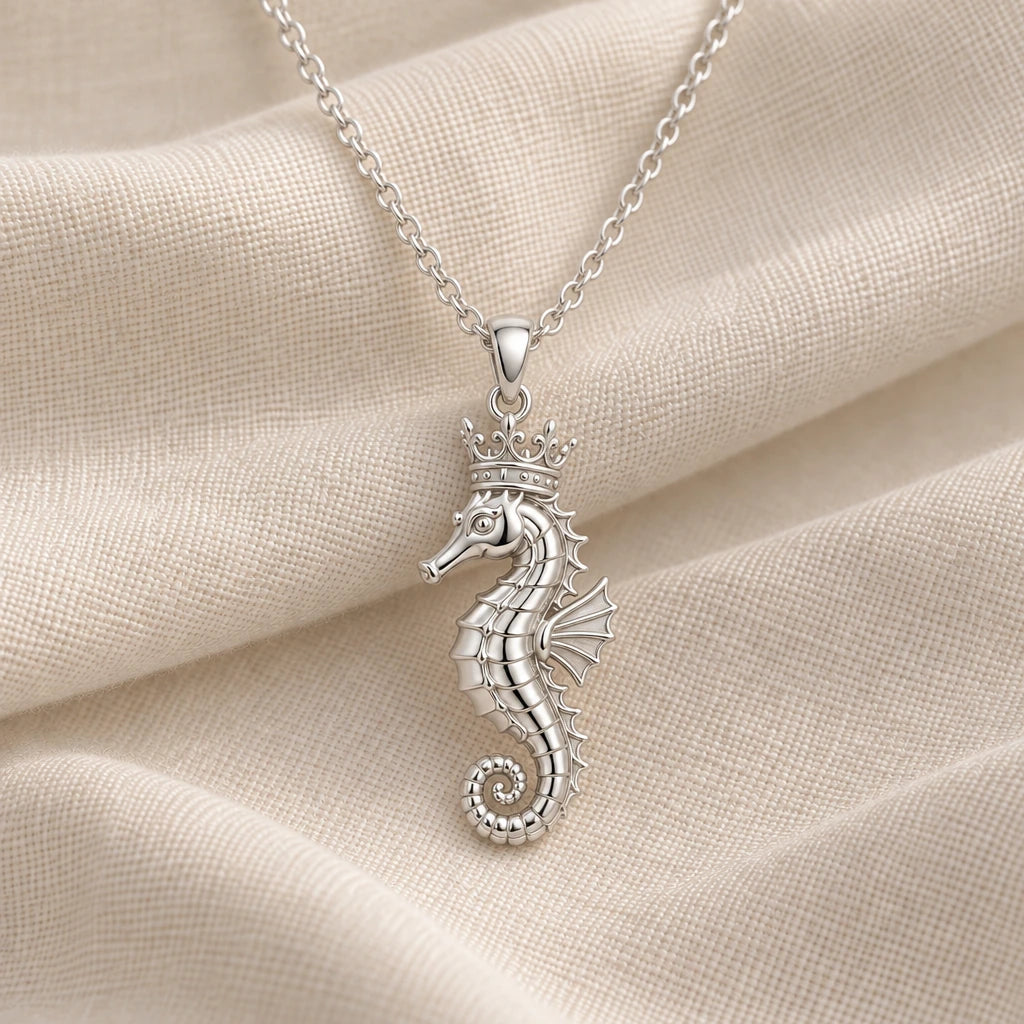 925 sterling silver crowned seahorse pendant necklace on cream fabric