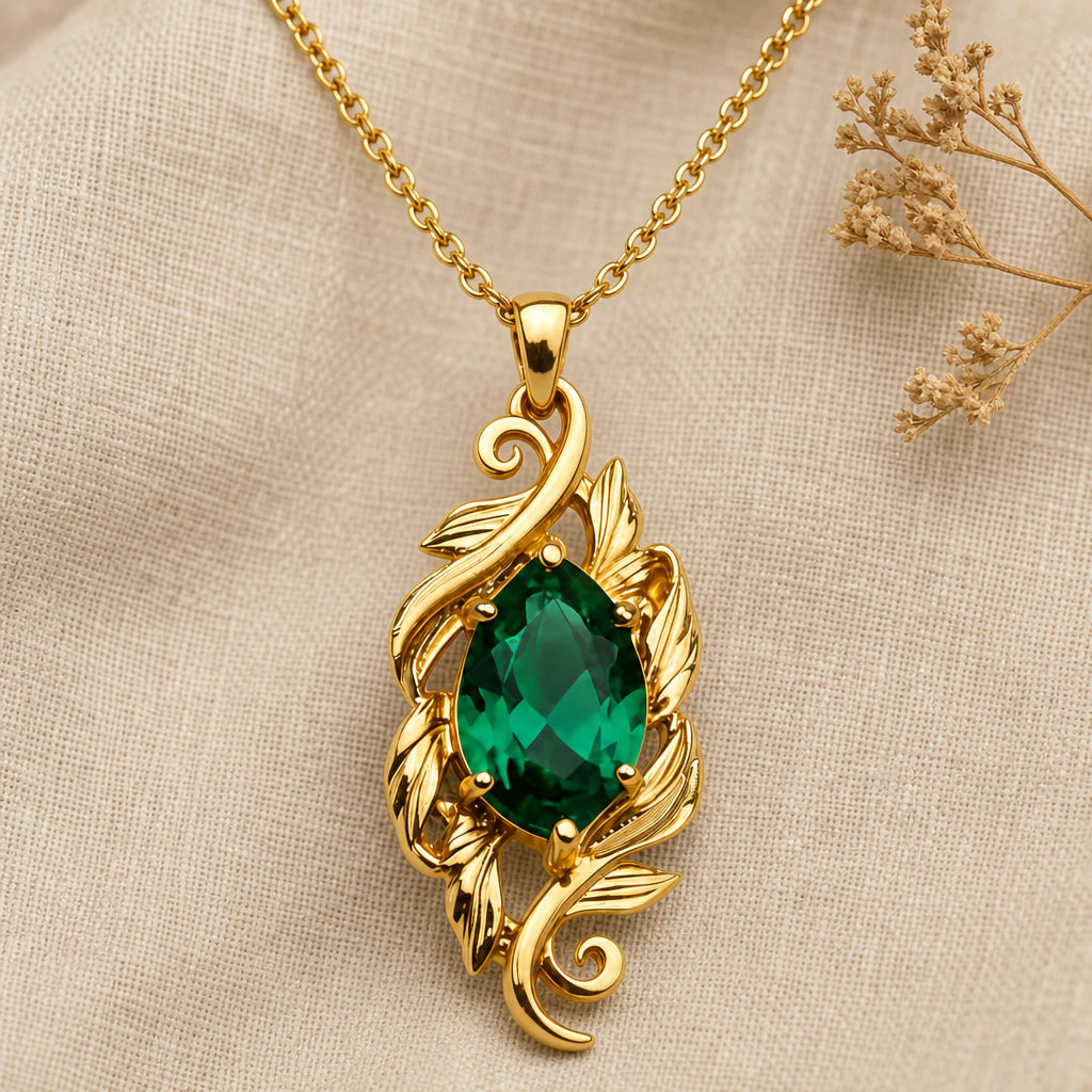 Feathered Leaf Marquise Birthstone Pendant Necklace in 18k gold plated sterling silver