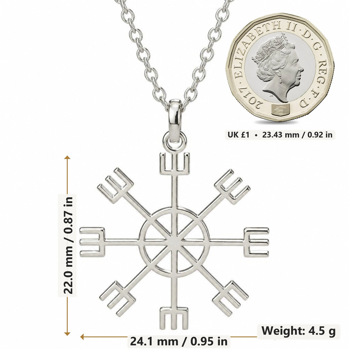 Vegvisir Sun Compass pendant necklace size image showing 22.0 mm height, 24.1 mm width and 4.5 g weight