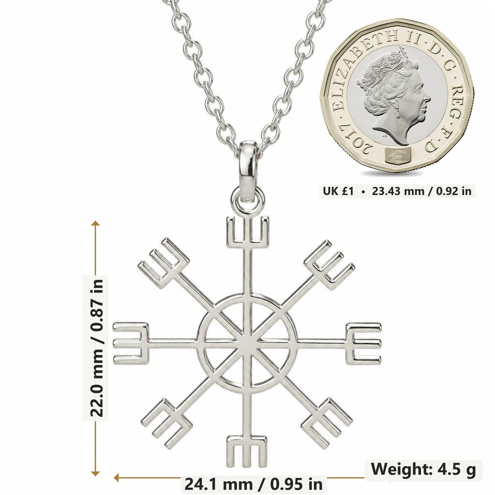 Vegvisir Sun Compass pendant necklace size image showing 22.0 mm height, 24.1 mm width and 4.5 g weight