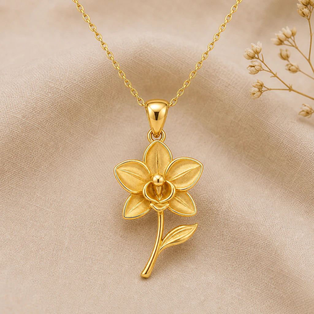 Orchid flower pendant necklace in 18k gold plated sterling silver