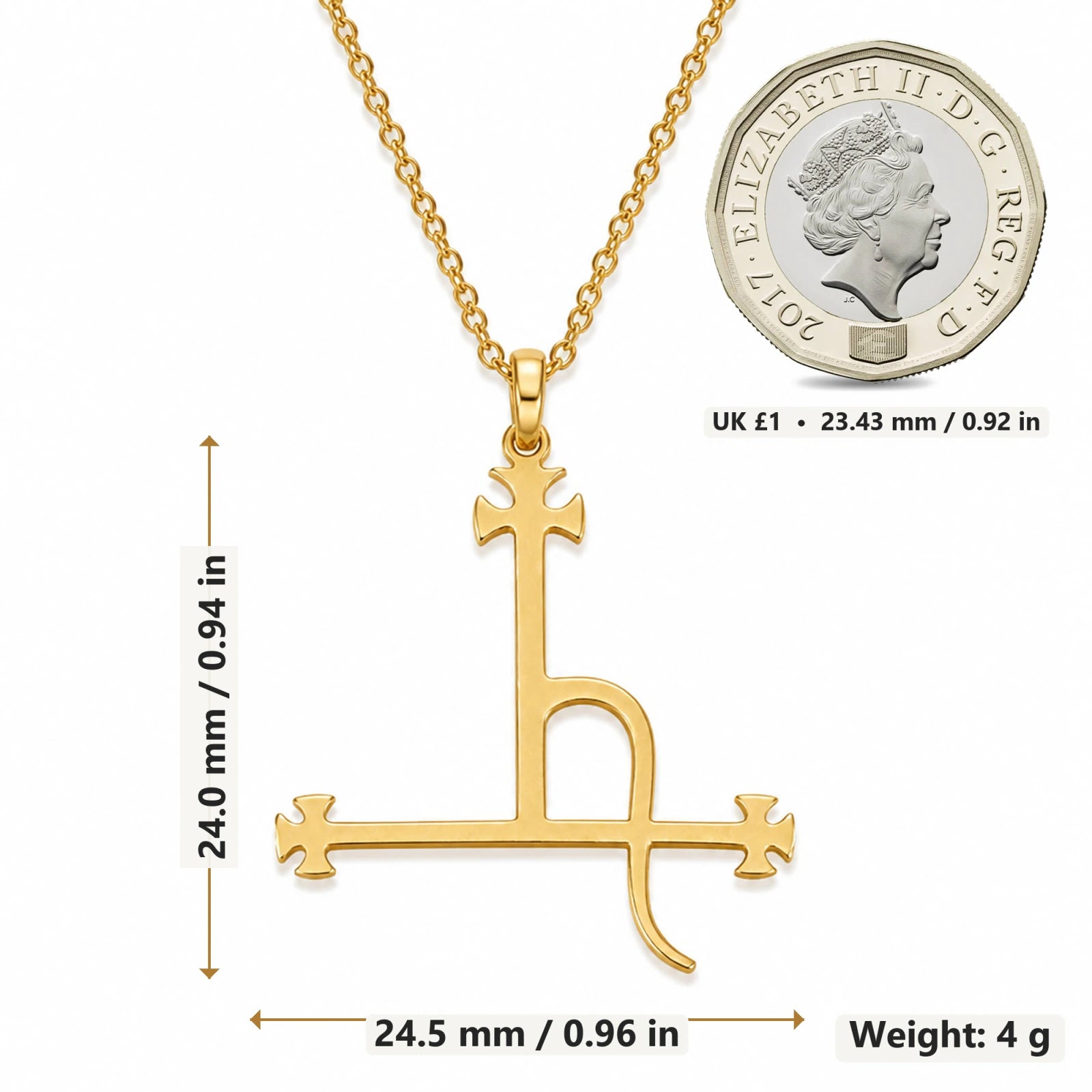 Seal of Lilith pendant necklace size image showing 24 mm height and 24.5 mm width and 4 g weight