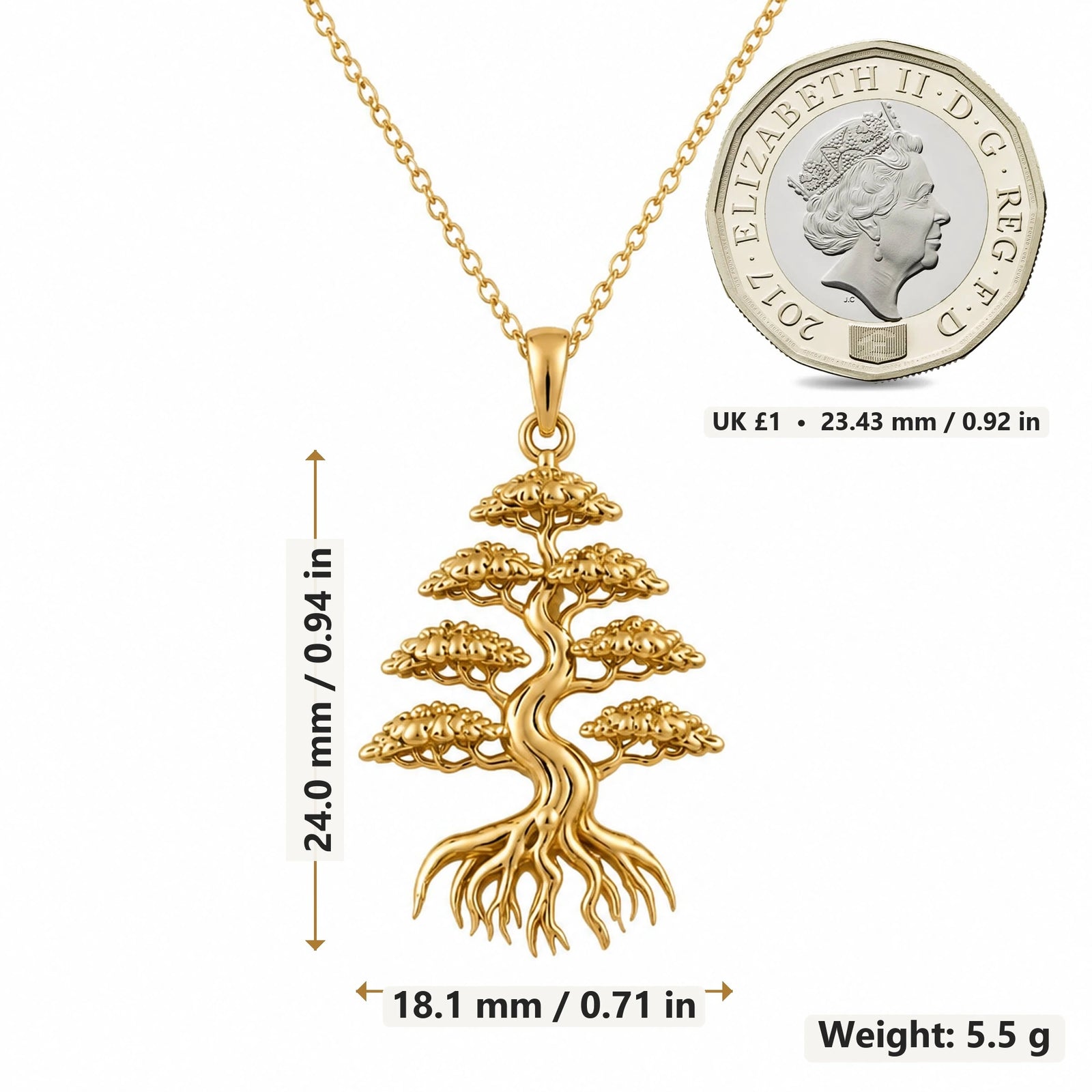 Cedar Crown Bonsai pendant necklace size image showing 24.0 mm height, 18.1 mm width and 5.5 g weight