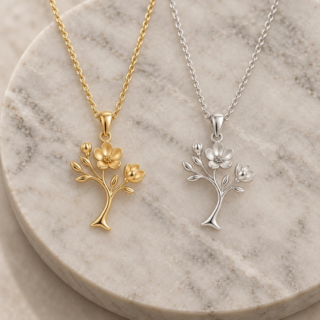 Magnolia Soft Bloom pendant necklace in silver and gold finishes side by side