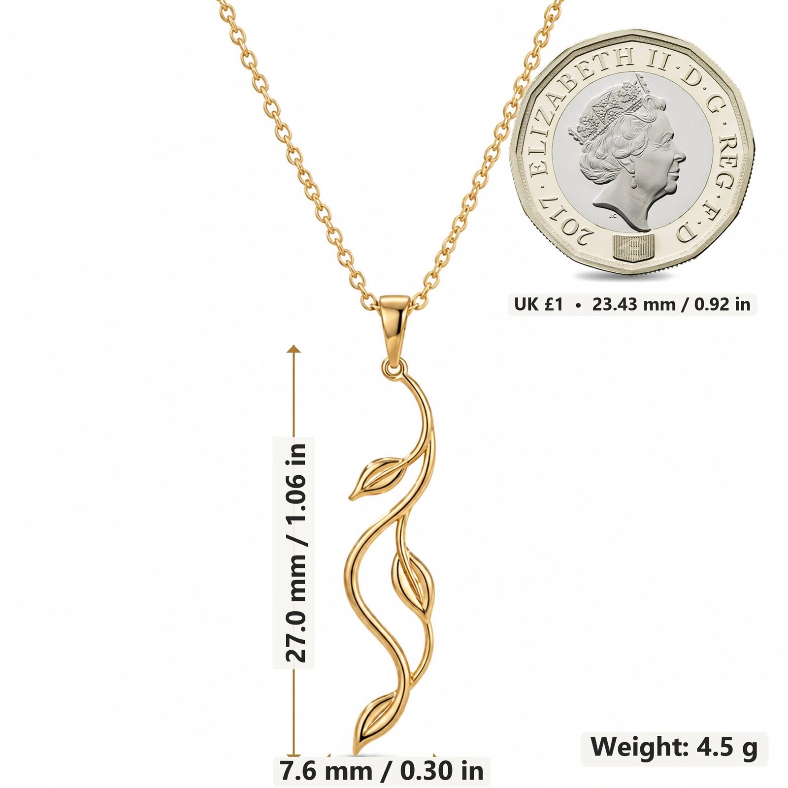 Aurora Vine pendant necklace size image showing 27.0 mm height, 7.6 mm width and 4.5 g weight