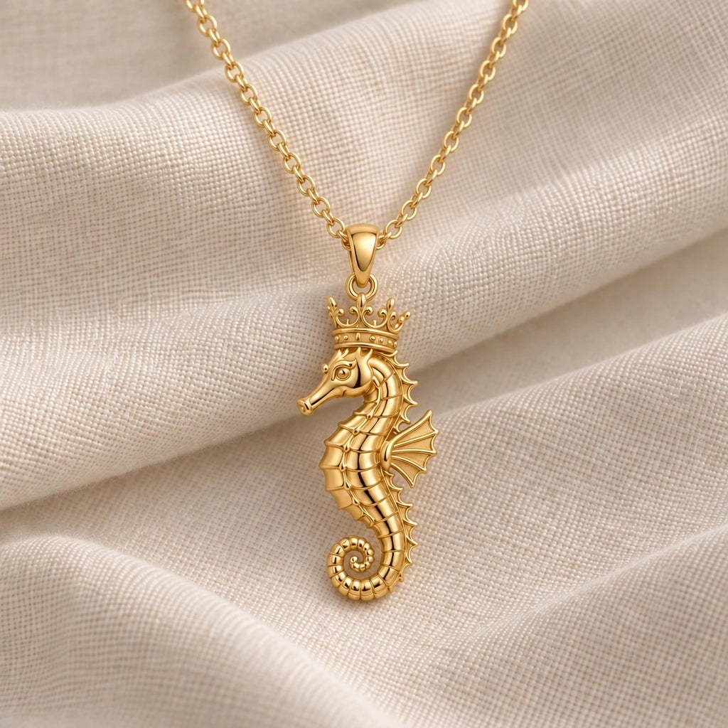 Crowned Seahorse pendant necklace in an 18k gold plated finish