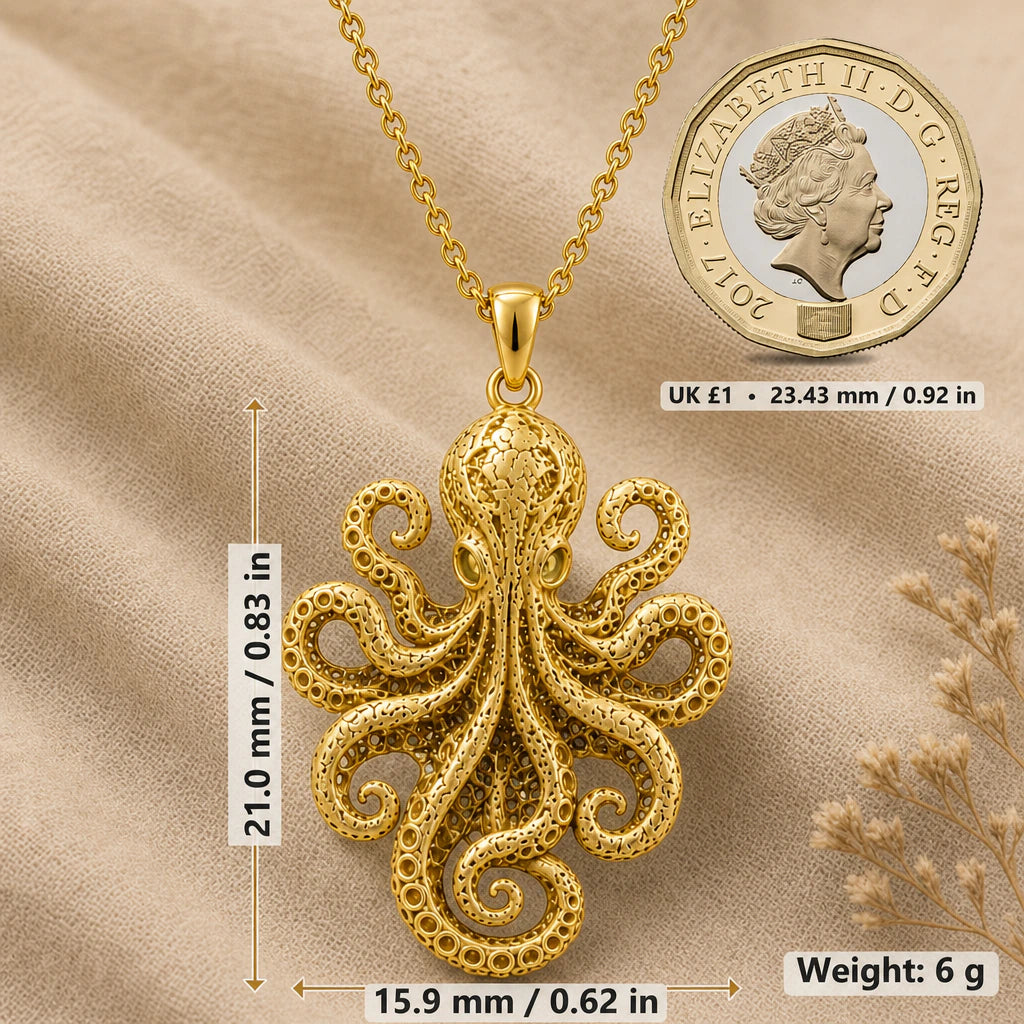 Octopus Pendant Necklace size guide, 21 by 15.9 mm
