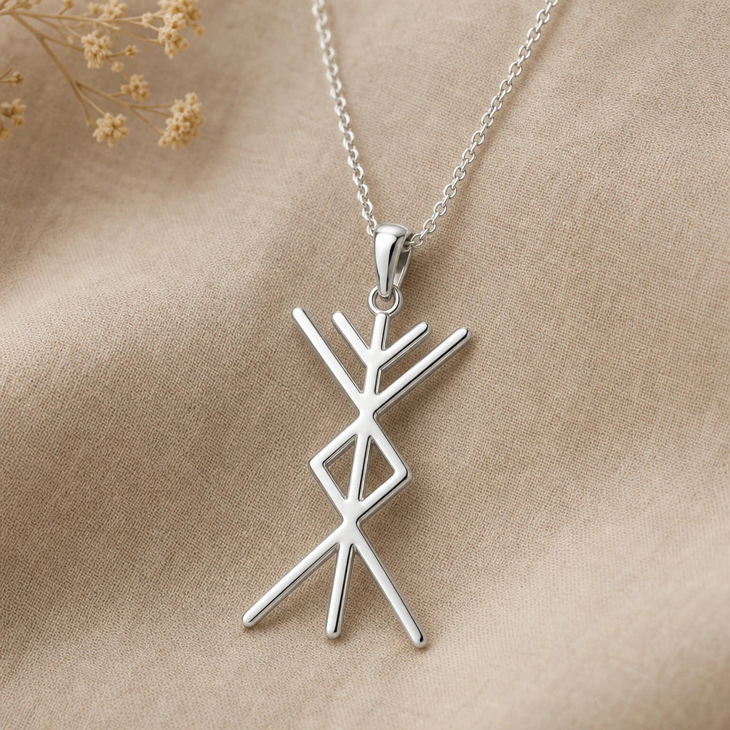 Viking Prosperity Bind Rune Pendant Necklace in sterling silver, second view