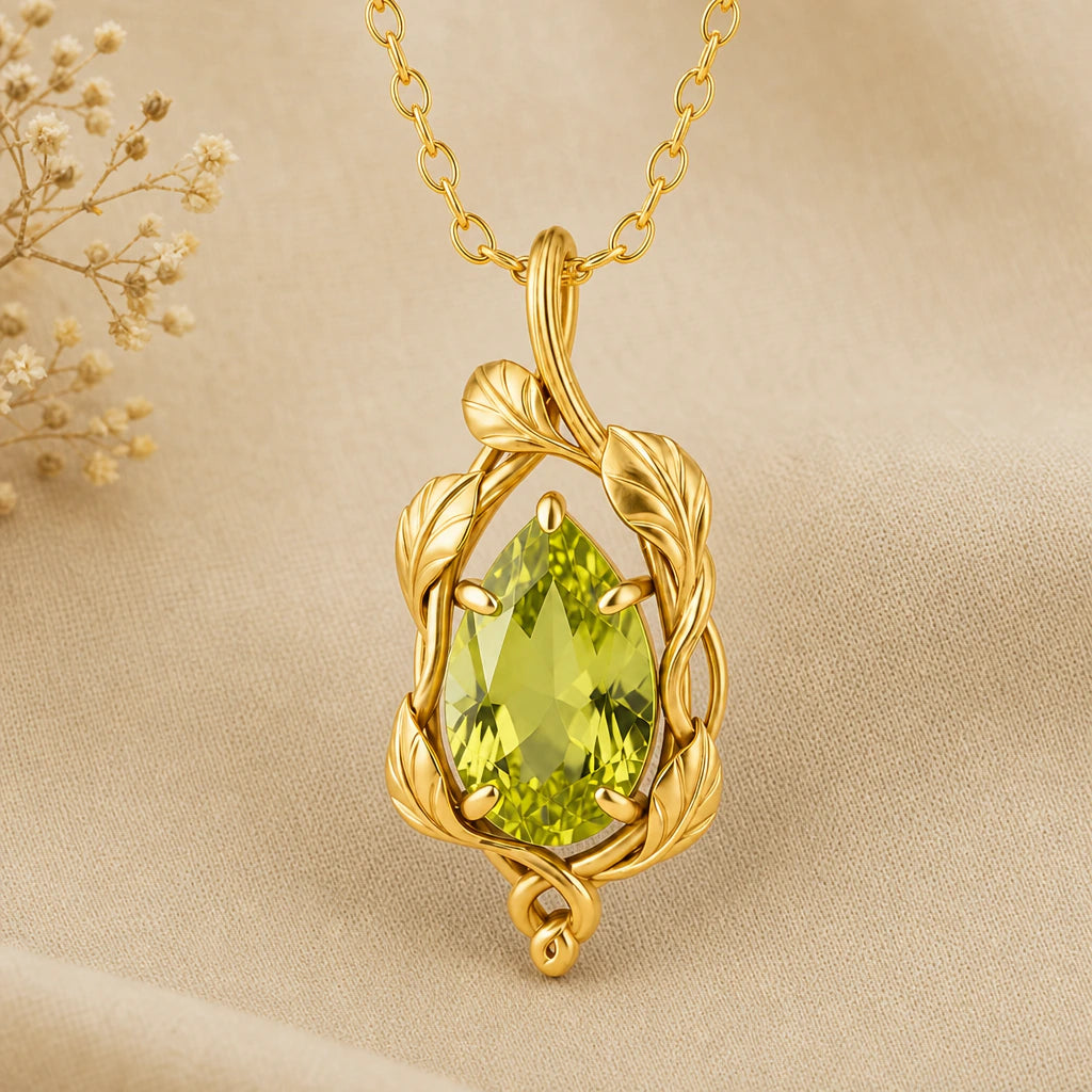 Leaf Vine Pear Birthstone Pendant Necklace in 18k gold plated sterling silver