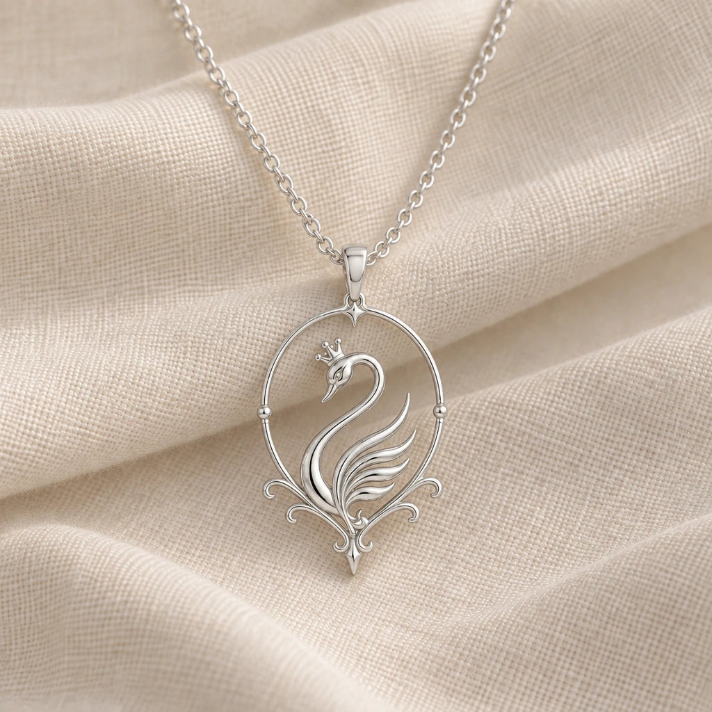 925 sterling silver swan aura pendant necklace on cream fabric