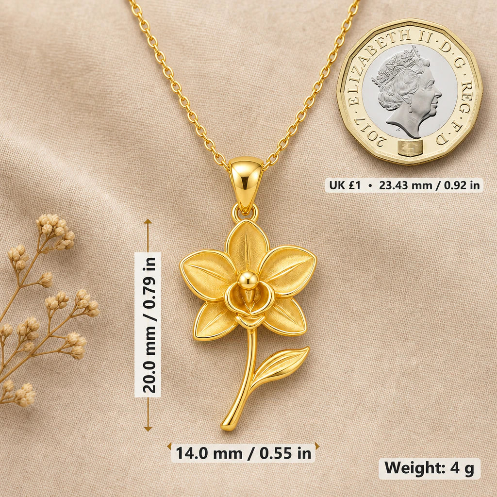 Orchid necklace size image showing 20 mm height, 14 mm width and 4 g weight beside a UK pound coin