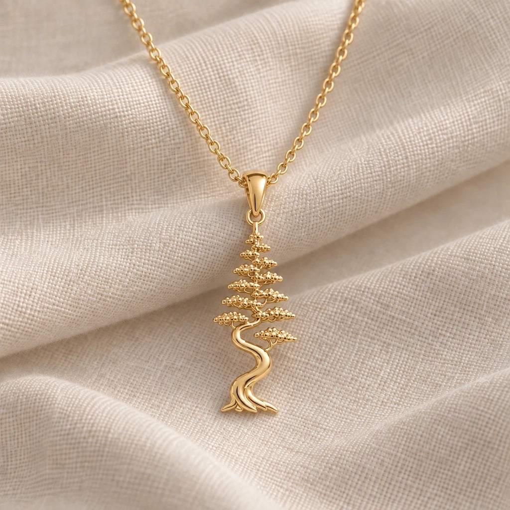 Cypress Aura Bonsai pendant necklace in an 18k gold plated finish
