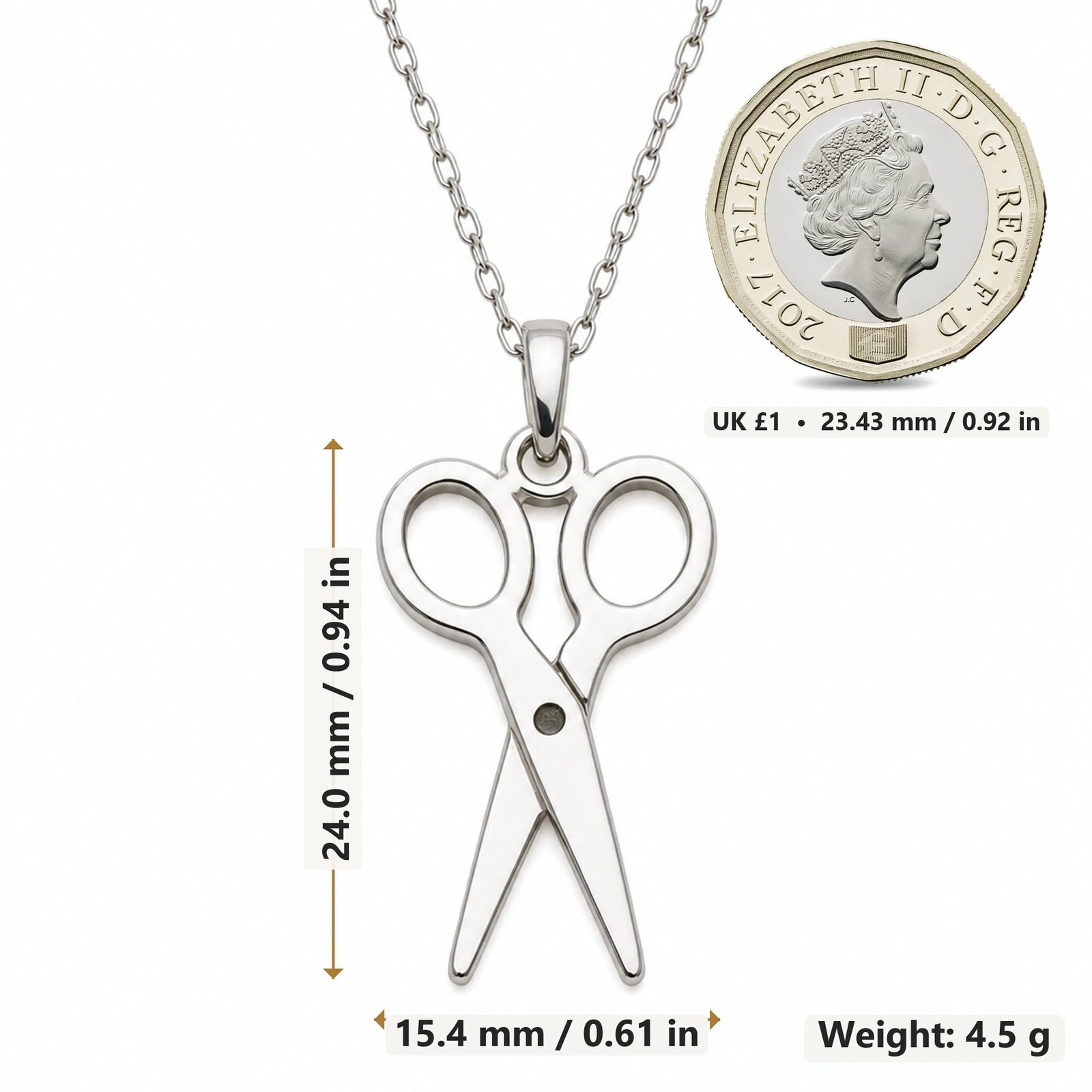 Scissors pendant necklace size image showing 24.0 mm height, 15.4 mm width and 4.5 g weight