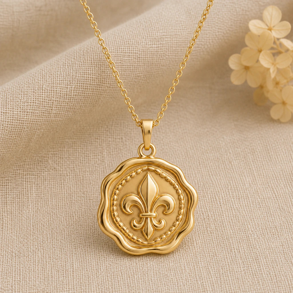 Fleur de Lis Wax Seal pendant necklace in a warm gold finish on cream fabric