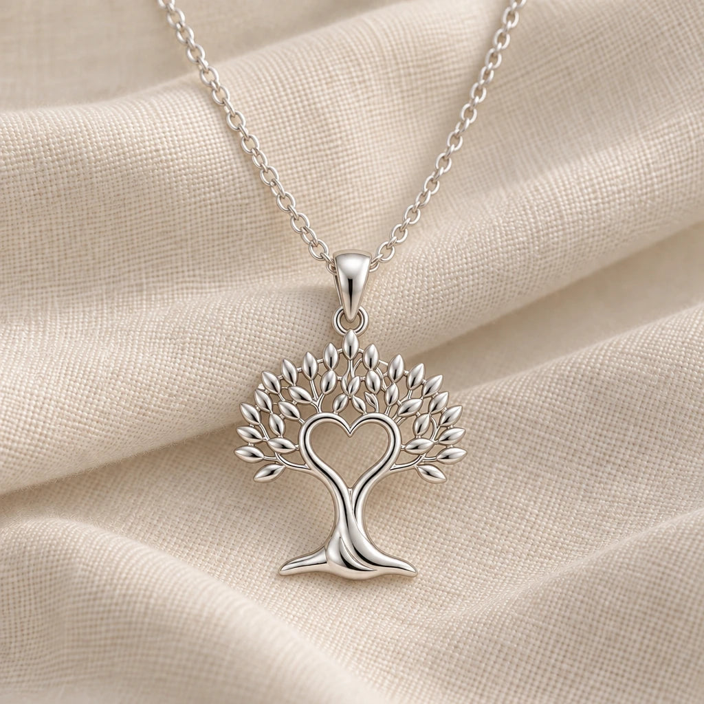 925 sterling silver bodhi spirit heart tree pendant necklace on cream fabric
