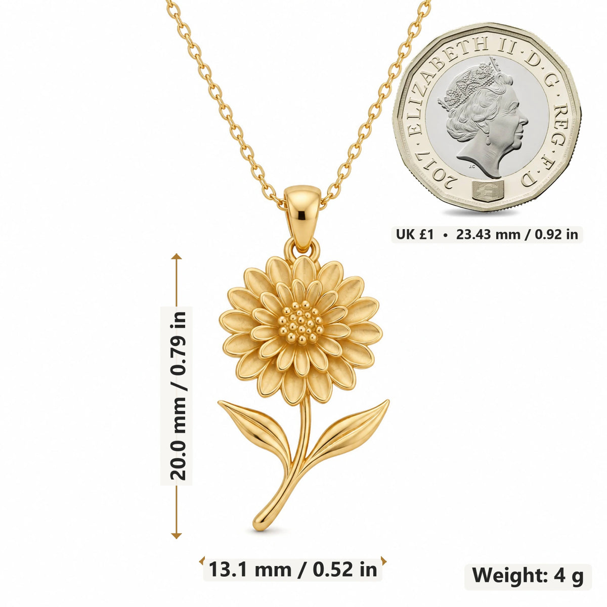 Dahlia Flower pendant necklace size image showing 20 mm height and 13.1 mm width and 4 g weight