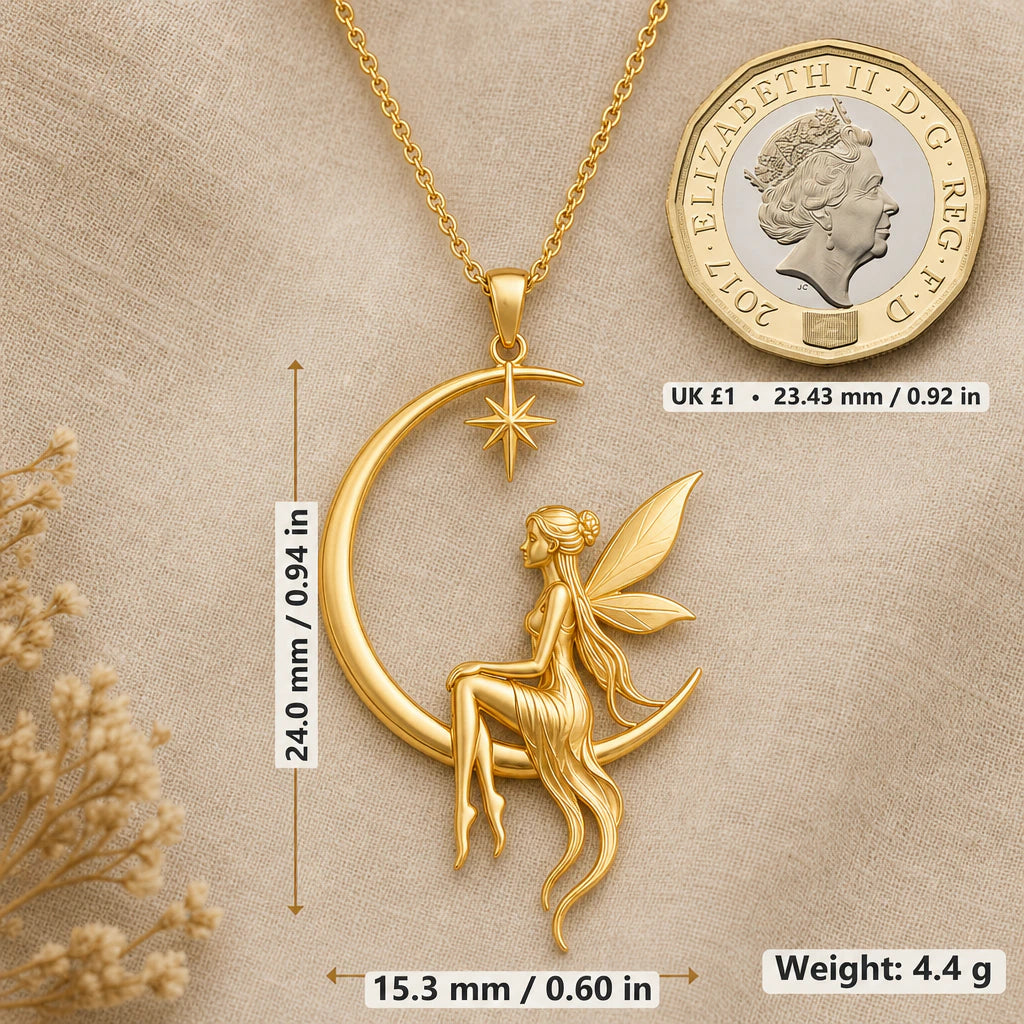 Moon fairy necklace size image showing 24 mm height, 15.3 mm width and 4.4 g weight beside a UK pound coin