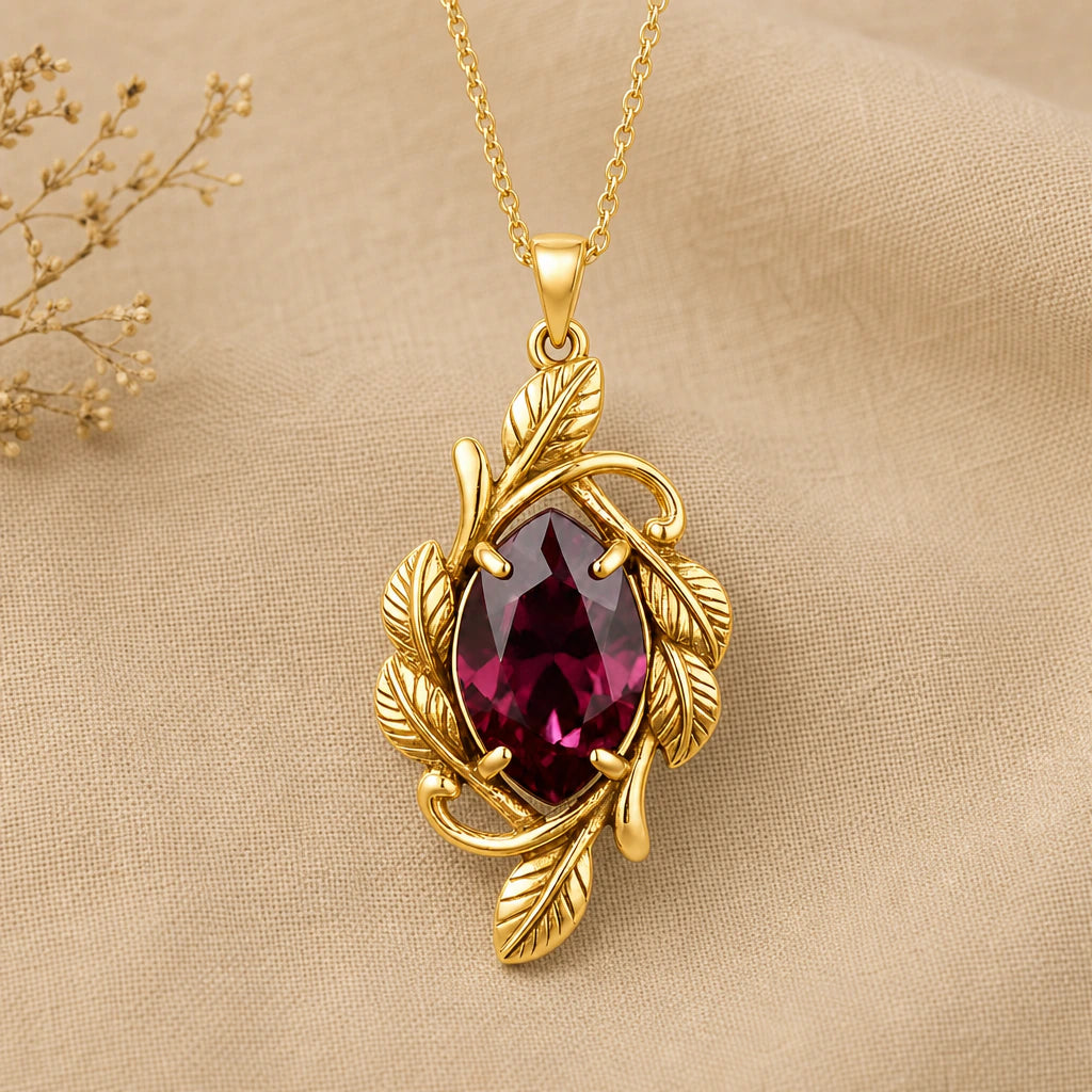 Crimson Leaf Vine Birthstone Pendant Necklace in 18k gold plated sterling silver