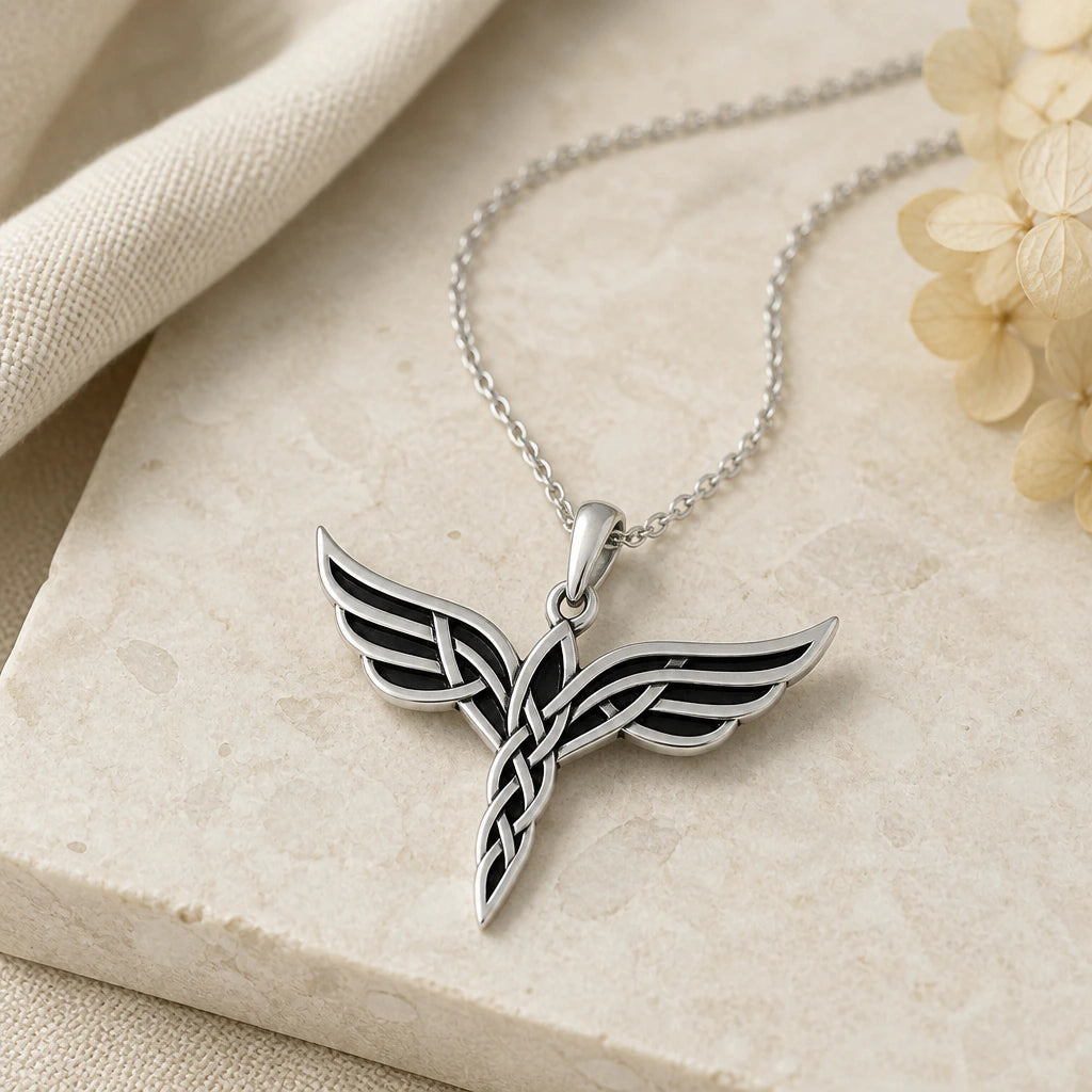 Close-up of silver elven wing pendant showing the sculpted detail