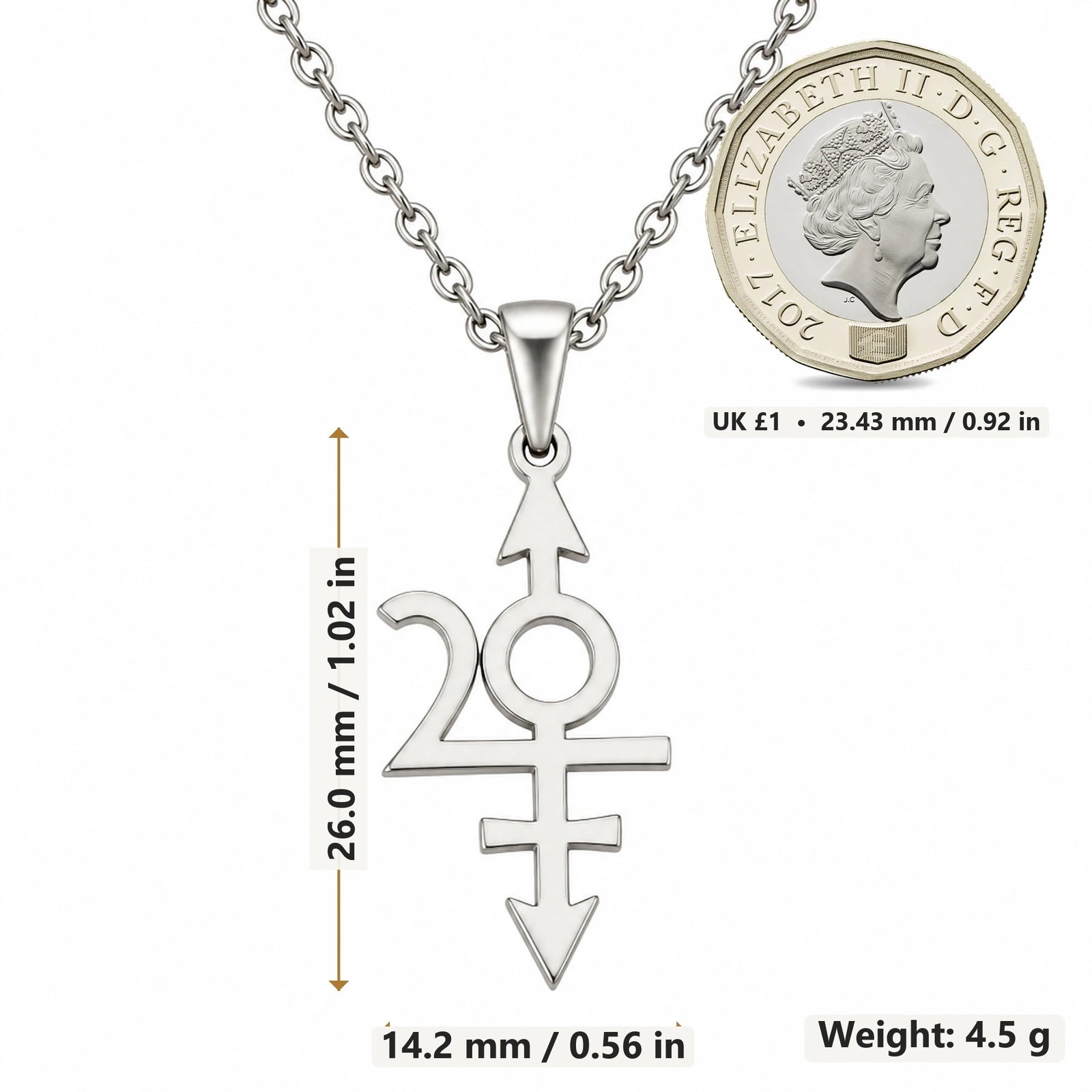 Nibiru Symbol pendant necklace size image showing 26.0 mm height, 14.2 mm width and 4.5 g weight