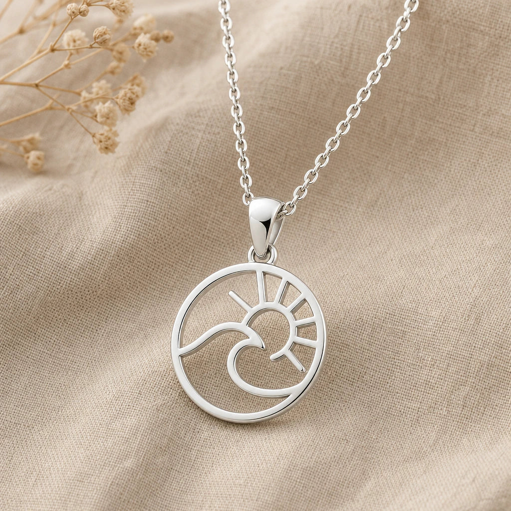 Wave and Sun Pendant Necklace in sterling silver, second view