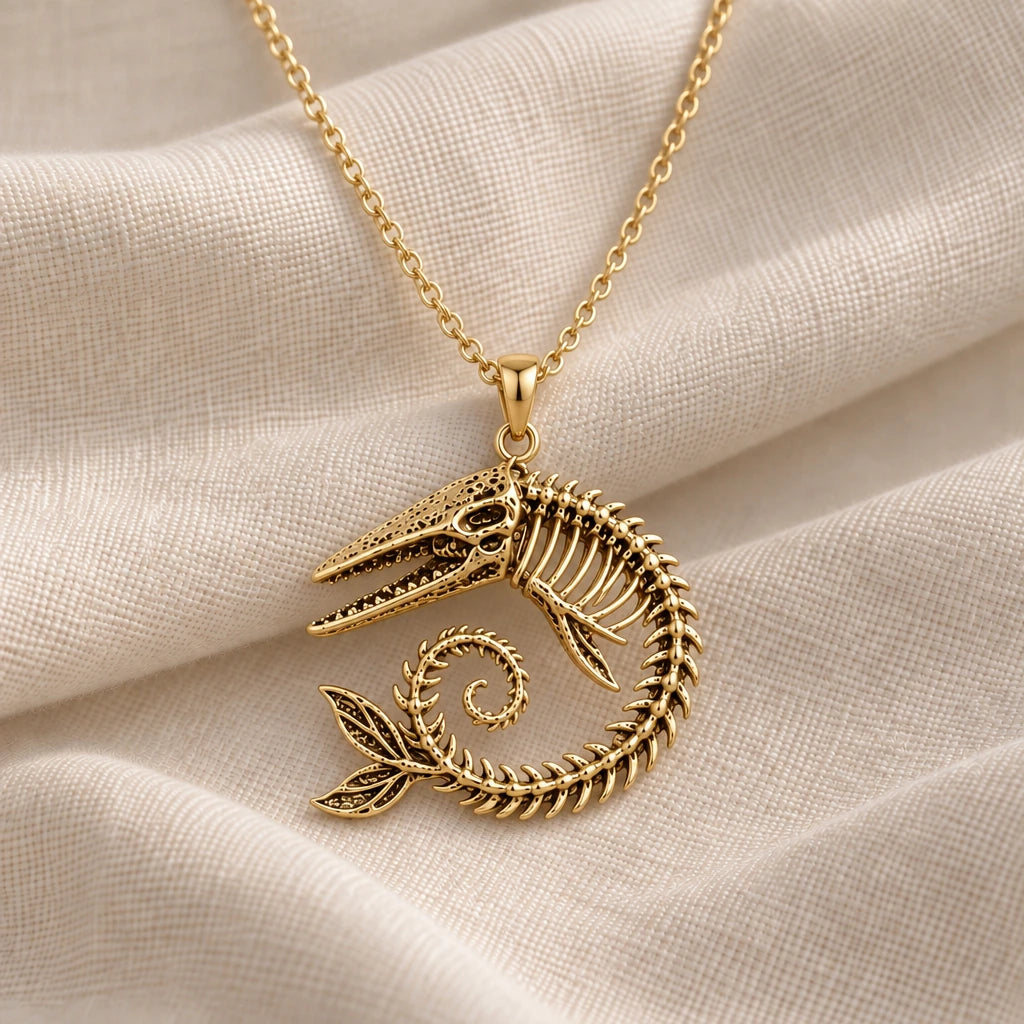 Ancient Whale Fossil Skeleton pendant necklace in an 18k gold plated finish