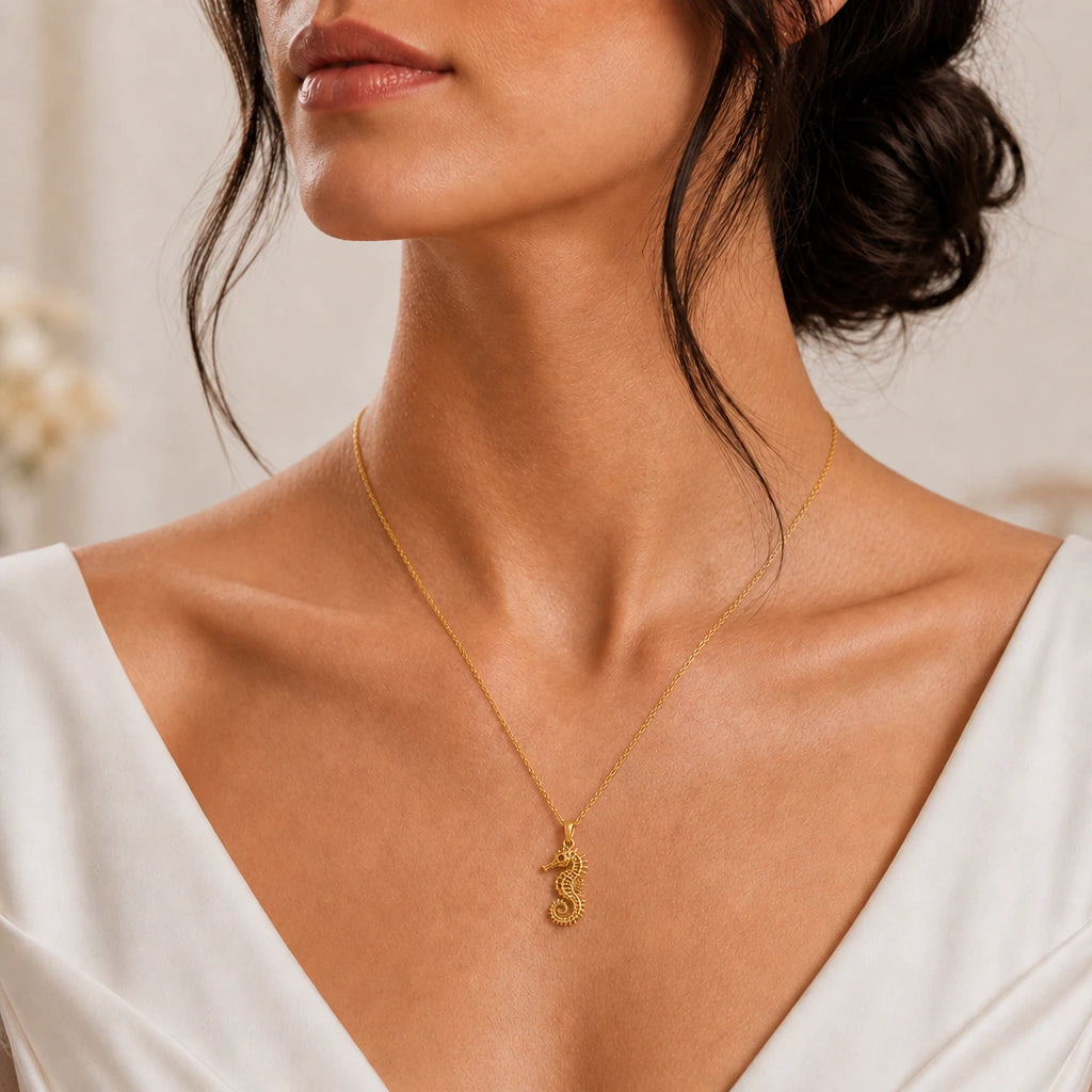 Sacred Seahorse Pendant Necklace worn, second view