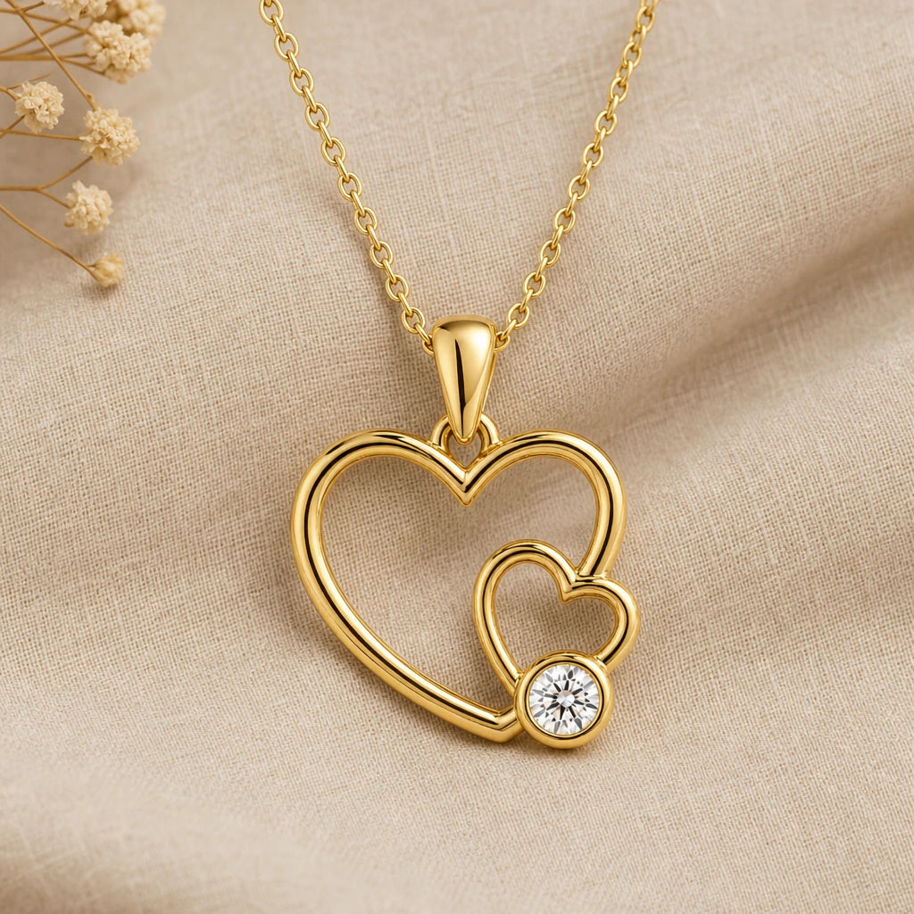 Mother Daughter Double Heart Birthstone Pendant Necklace in 18k gold plated sterling silver