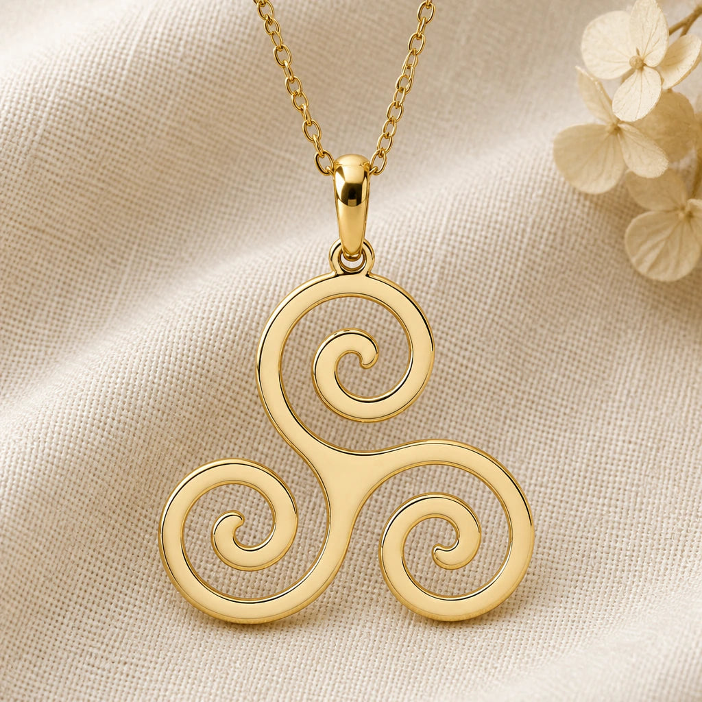 Triskelion pendant necklace in a warm gold finish on cream fabric