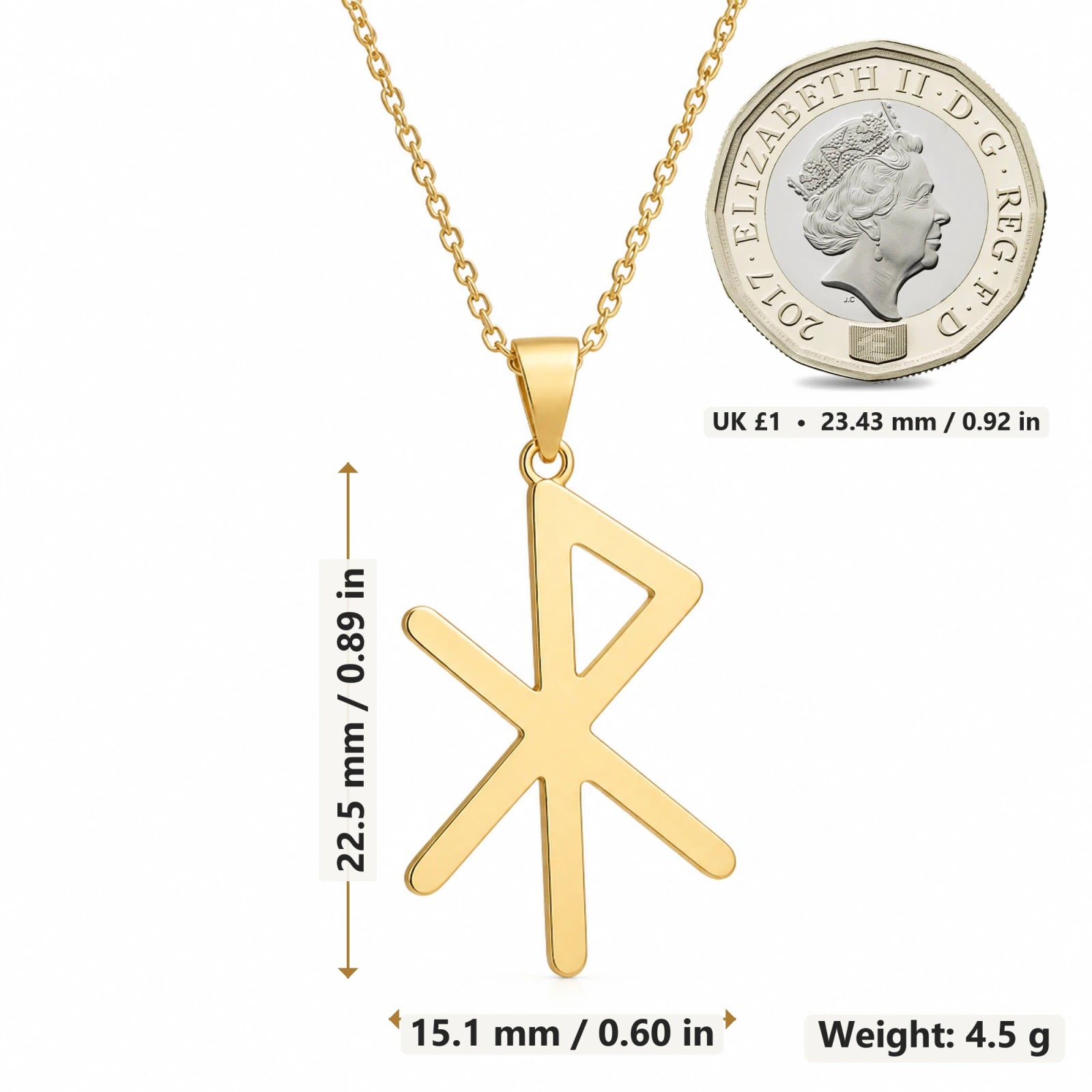 Viking Rune of Love pendant necklace size image showing 22.5 mm height and 15.1 mm width and 4.5 g weight